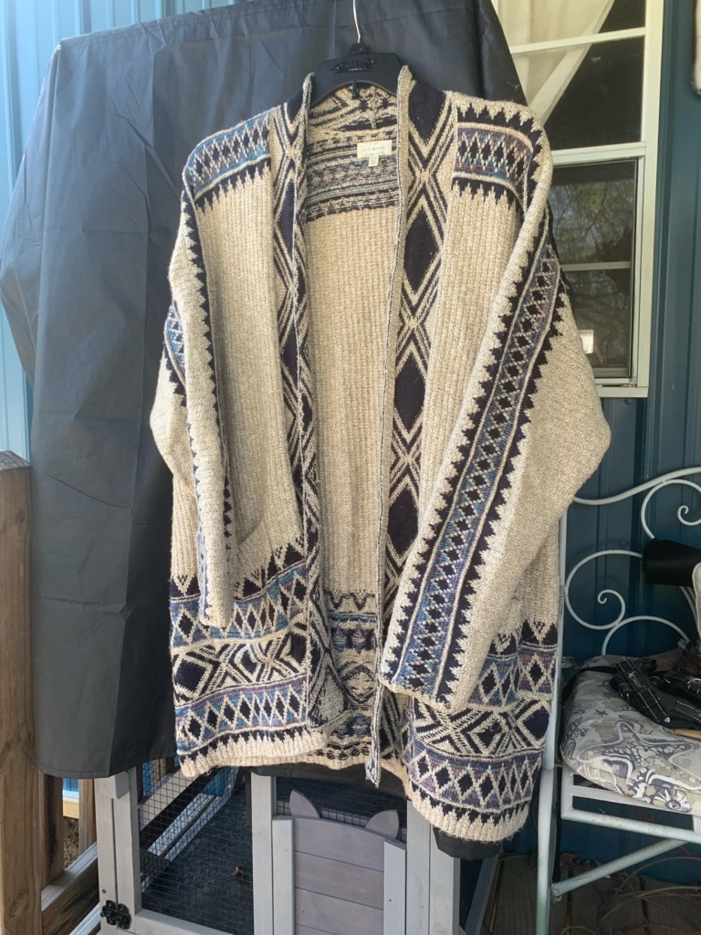 Lucky Brand Cream and Navy Textured Aztec Cardigan